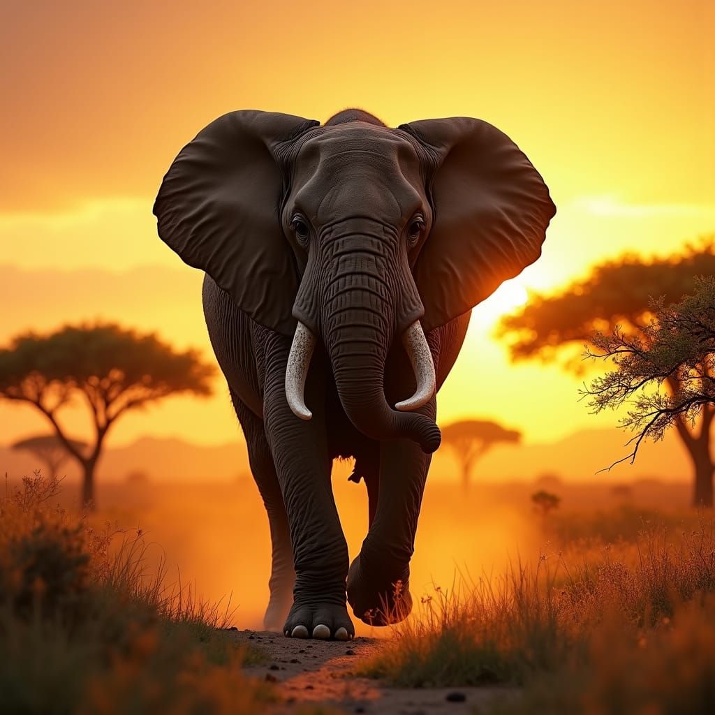 African Elephant Lunge in Golden Savannah Light