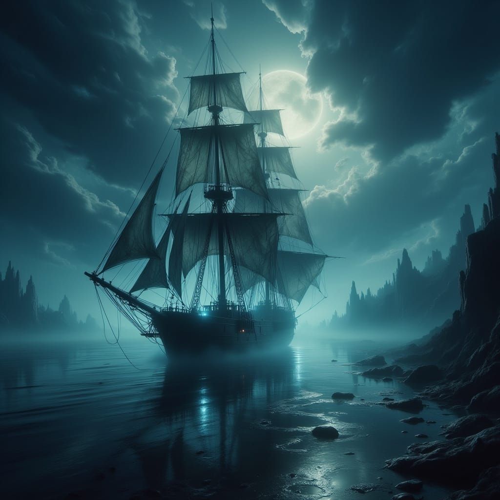 Ghostly Sailing Ship in Ethereal Mist on Reflective Sea
