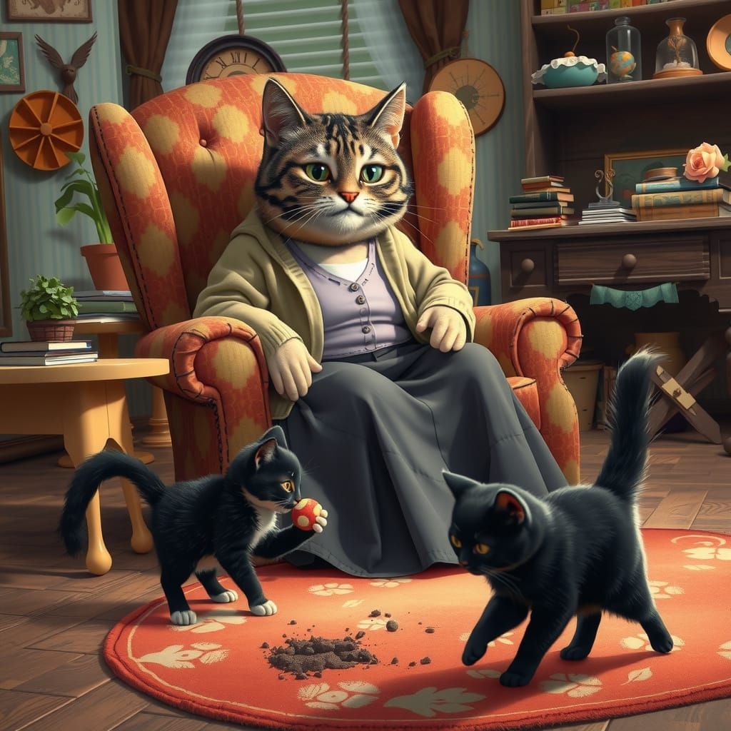 Grumpy Grandmother Tabby Cat Watches Mischievous Kitten