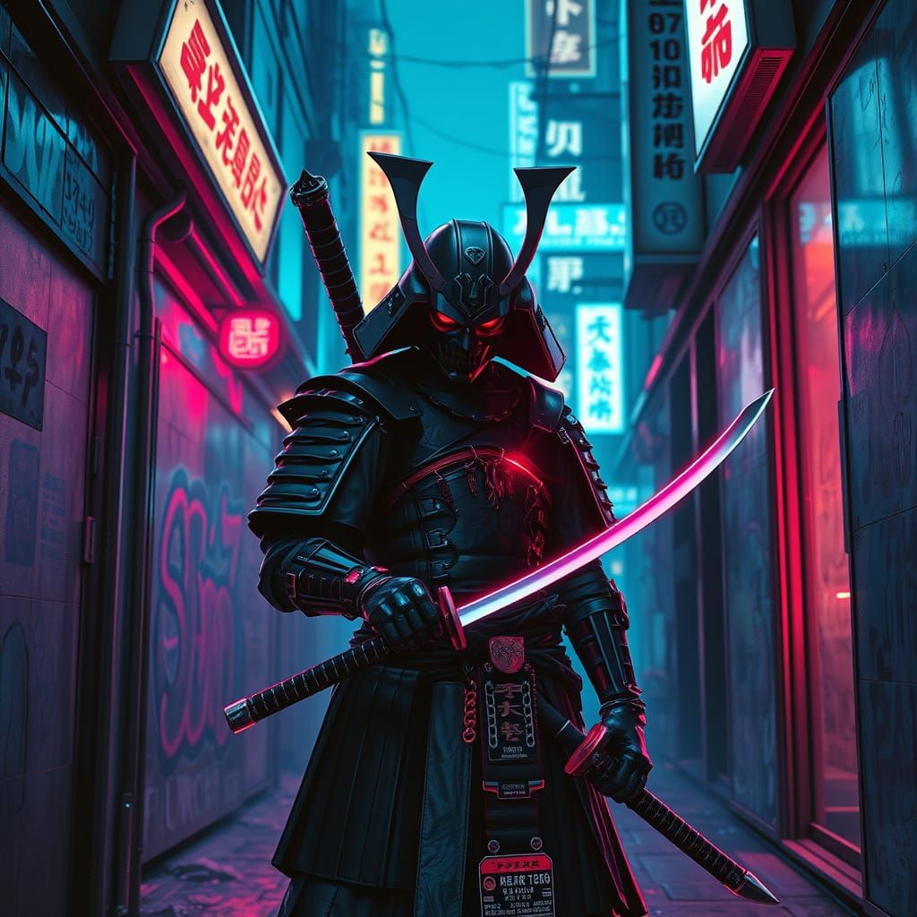 Cyberpunk Samurai Guards Neon Alleyway