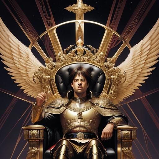 Furious King on Golden Throne with Angels