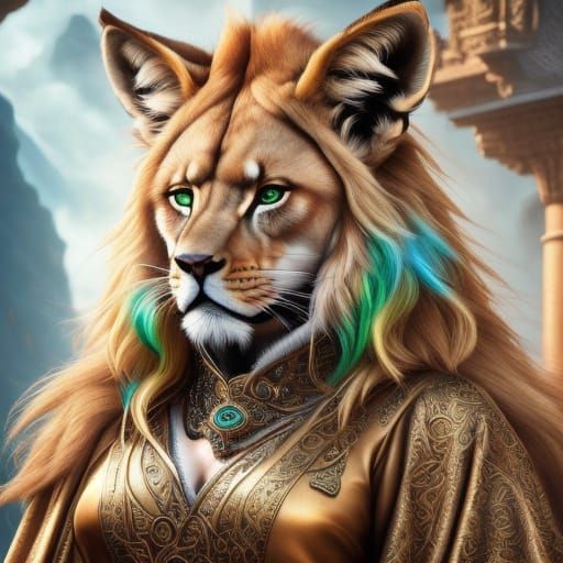 Regal Lion-Woman Portrait with Celtic Tattoos