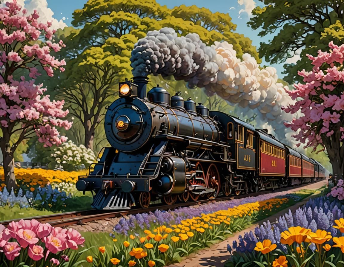 Steam Train Journey Through Spring Flower Meadow