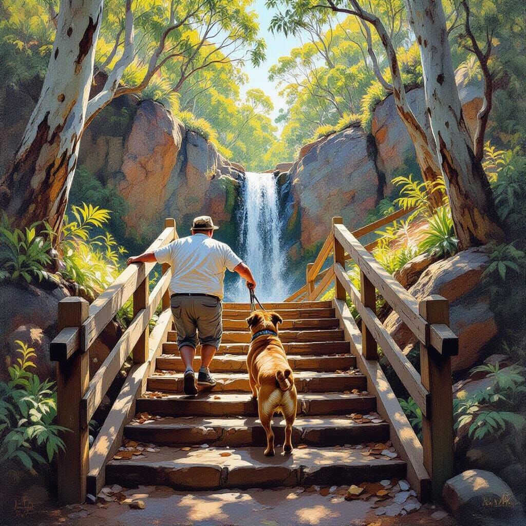 Fat Man and Dog Descend Bush Stairs to Waterfall Painting