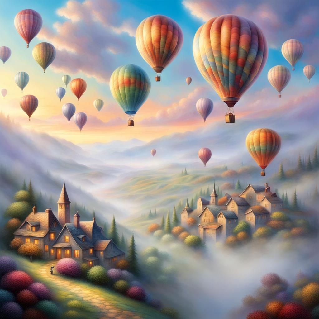 Colorful Balloons Soar Above Hilly Fantasy Landscape