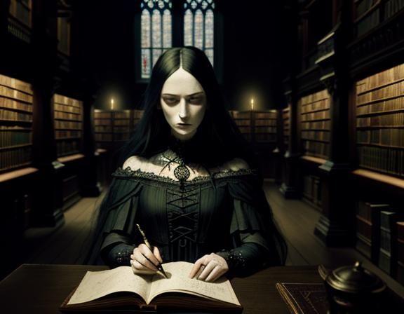 Gothic Woman in Library with Pre-Raphaelite Colors