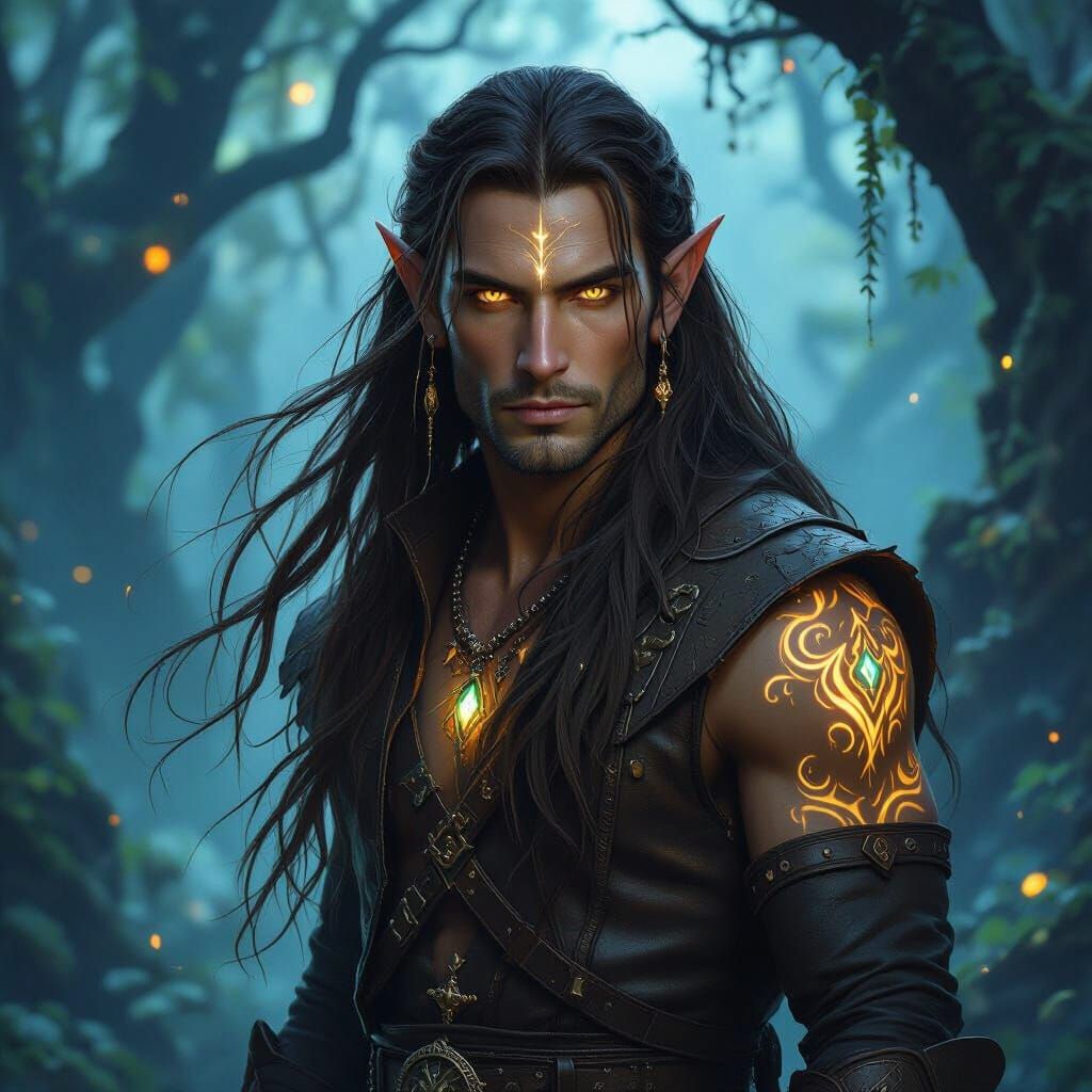Elven Warrior in Bioluminescent Forest