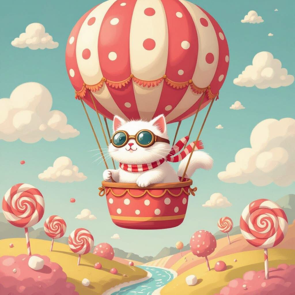 Cat Piloting Strawberry Balloon over Candy Land, Children's ...