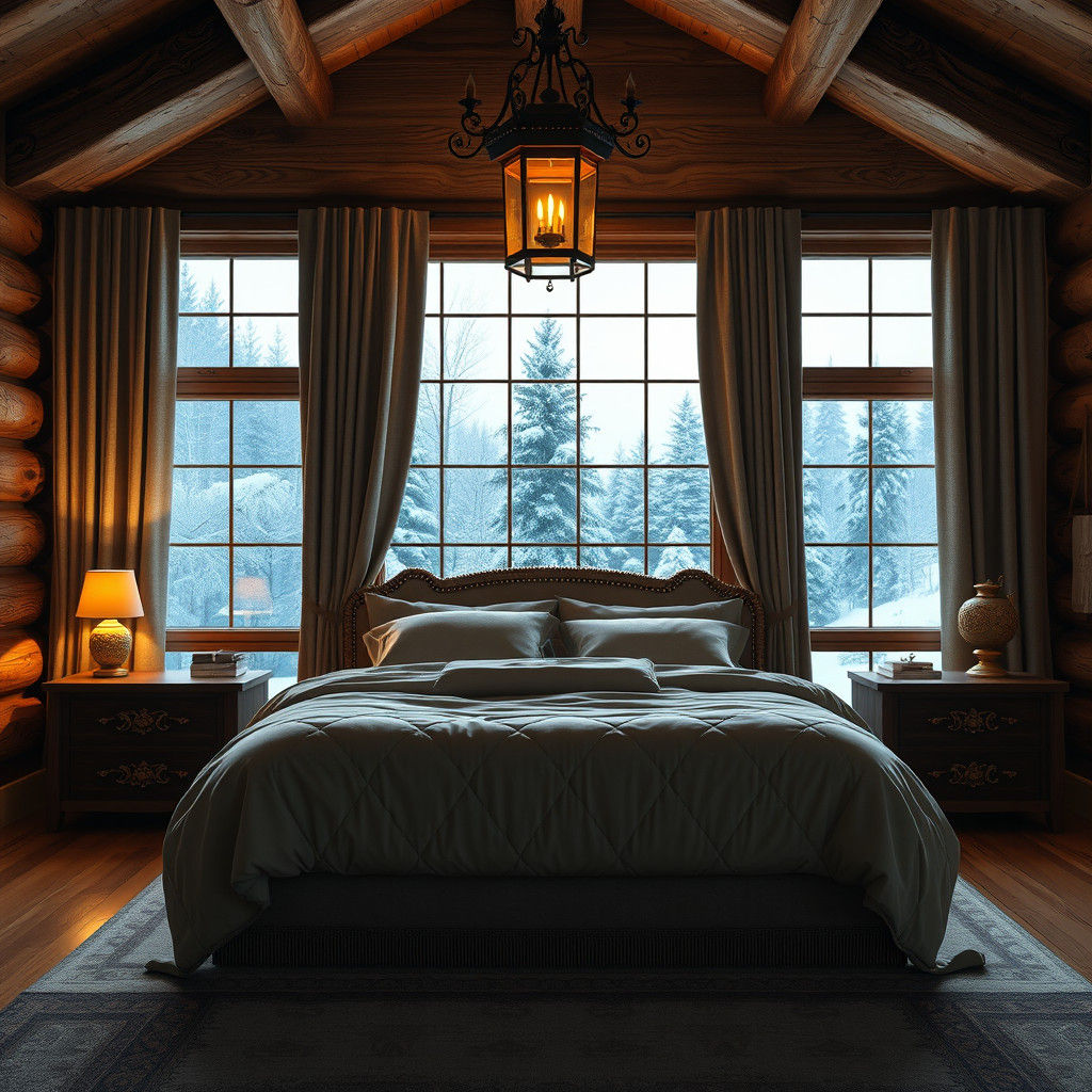 Rustic Log Cabin Master Bedroom in Winter Wonderland