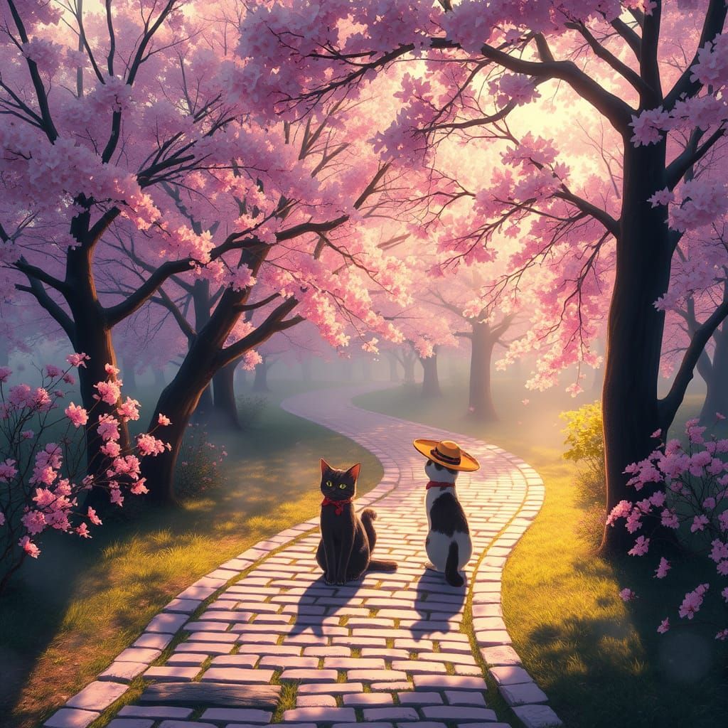 Cherry Blossom Cats in Ghibli Style