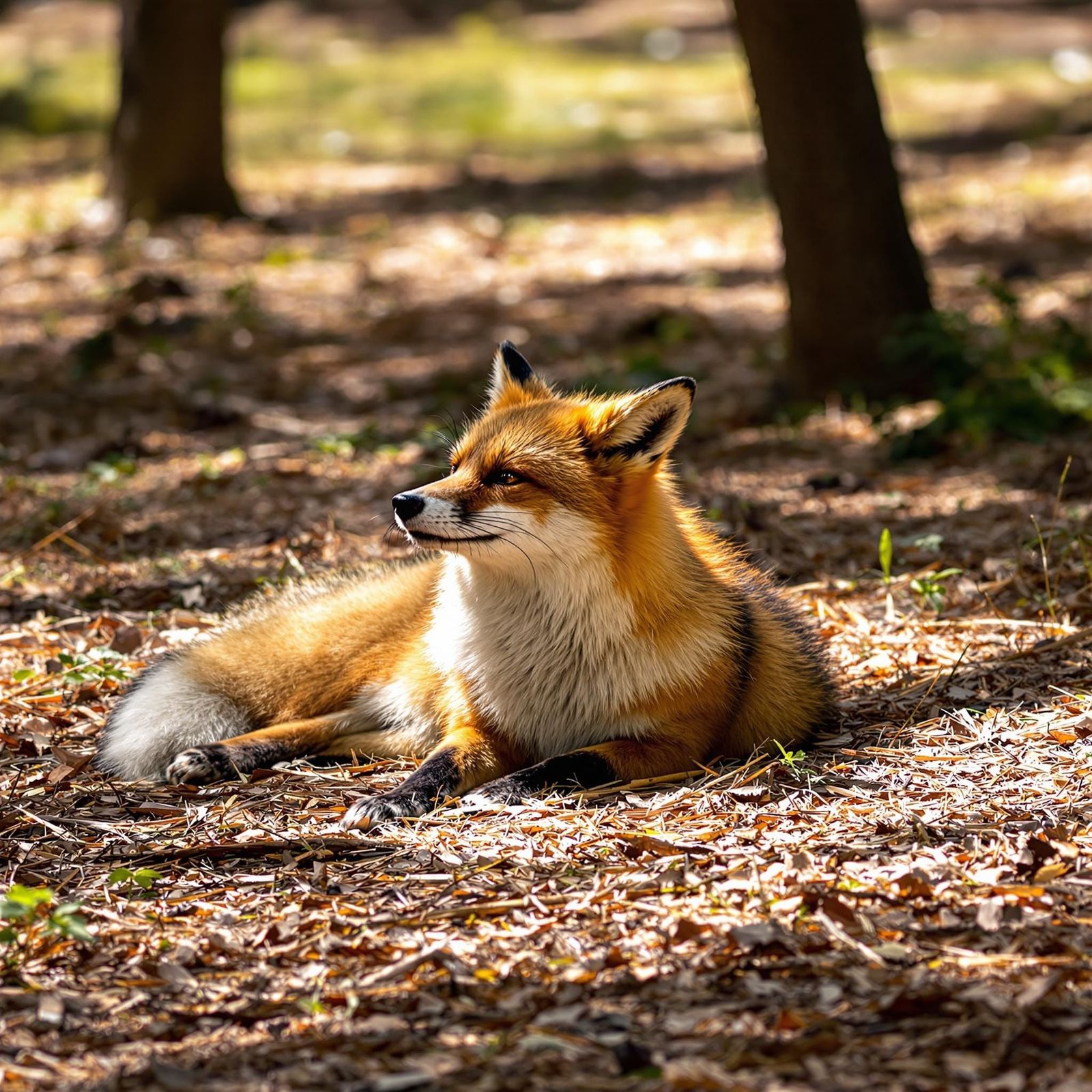 Fox Sunbathing in Forest Sunlight