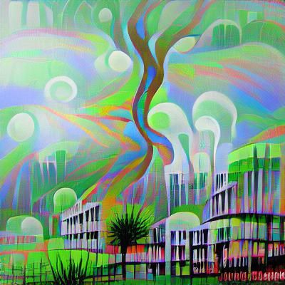Misty Willow Grove in Psychedelic Art Deco Style