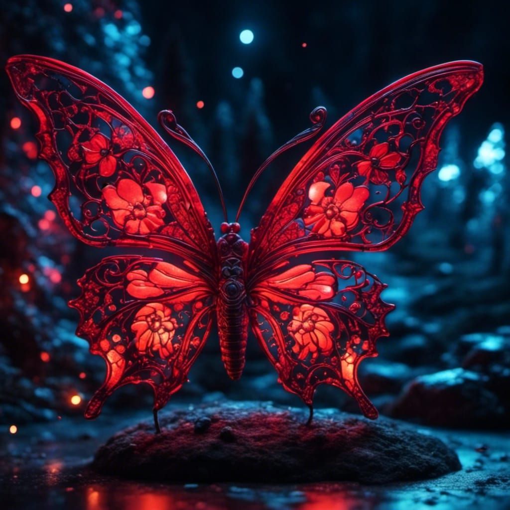 Neon Red Butterfly in the Night
