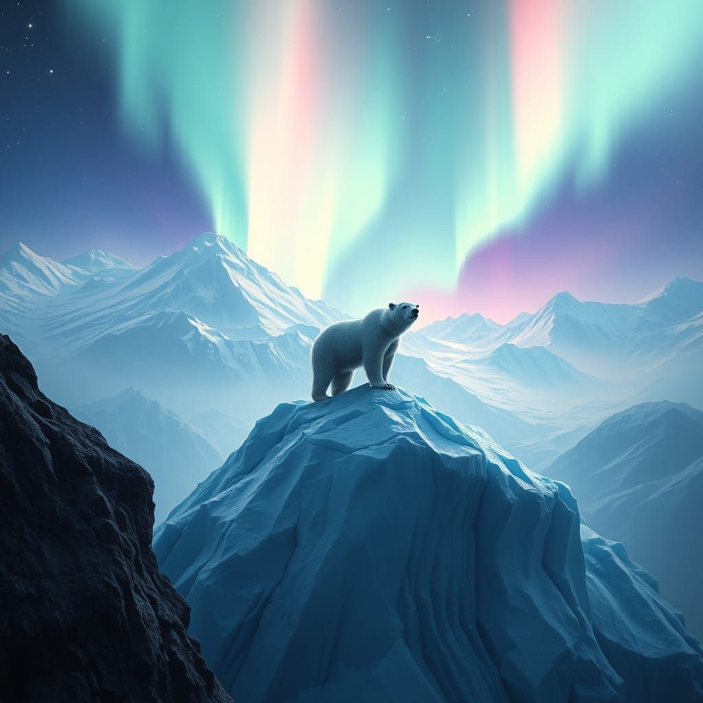 Majestic Polar Bear Amidst Ethereal Aurora Borealis in Hyper...
