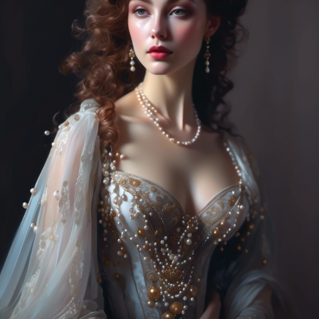 Pearl-Adorned Rococo Lady Portrait in Art Nouveau Style