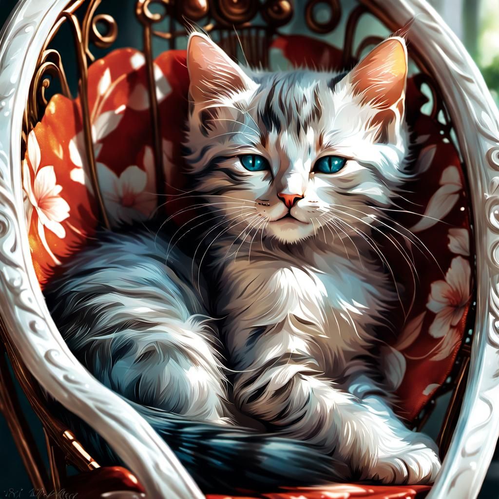 Delicate Kitten Sleeps in Mother's Lap: Storybook Illustrati...