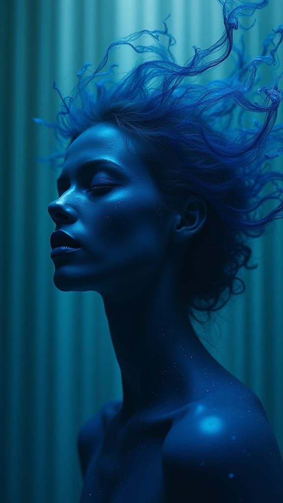 Surreal Sapphire Portrait of Floating Woman in Digital Art