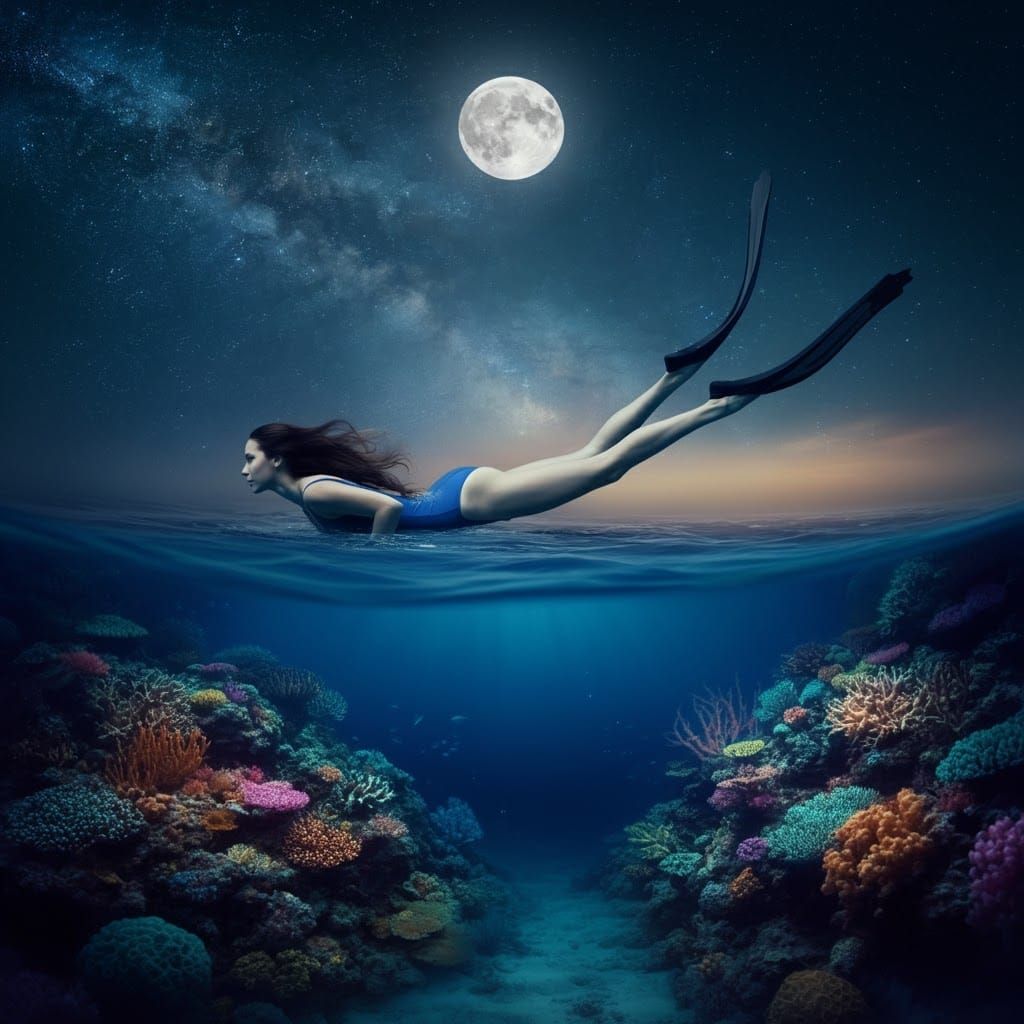 Underwater Freediver Among Coral Reef at Night