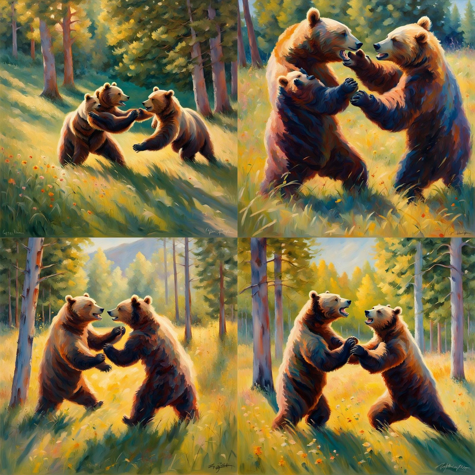 Bears Fencing in Sunlit Meadow, Impressionist Painting