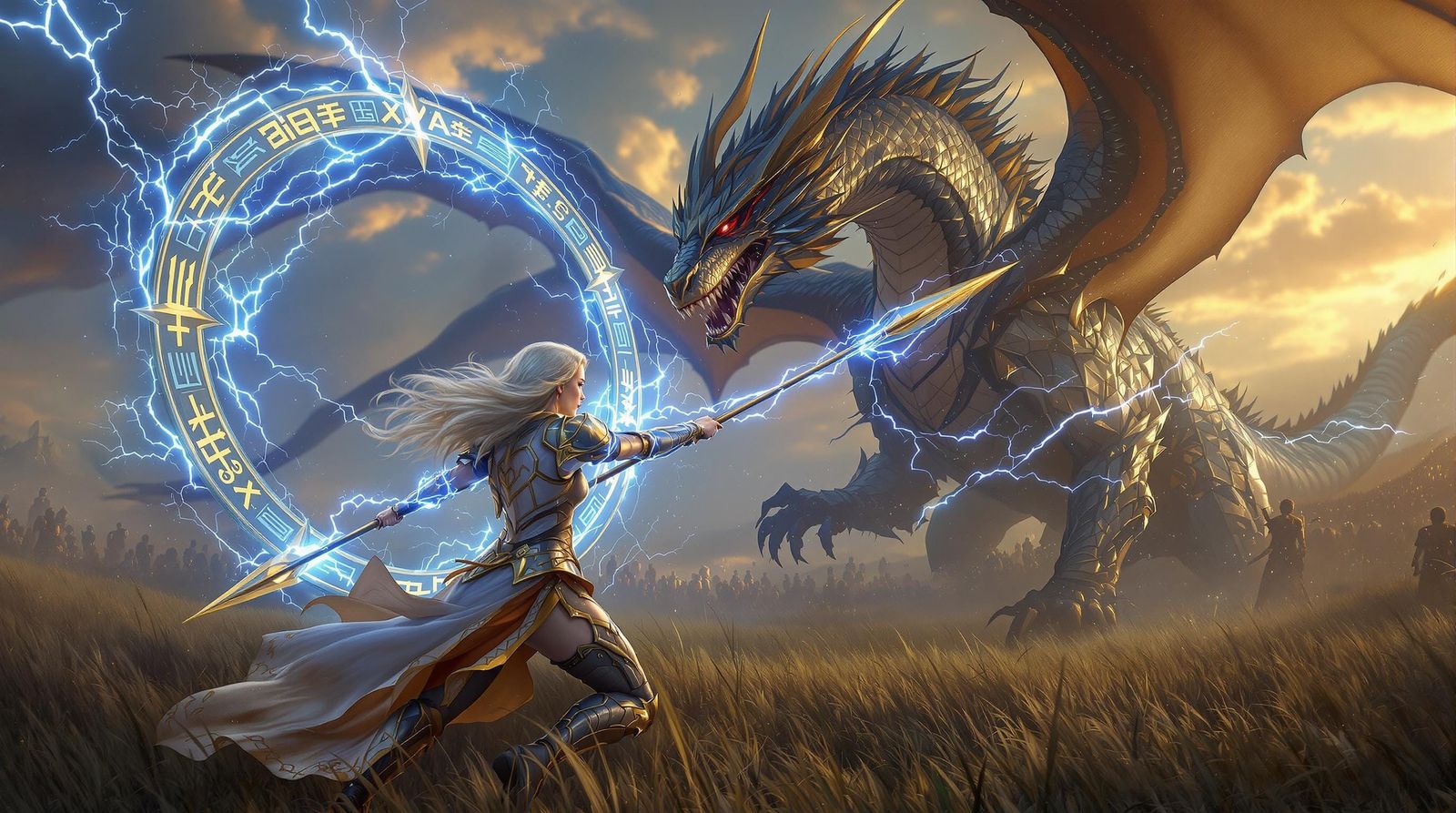 Warrior Princess Battles Majestic Dragon in Golden Armor