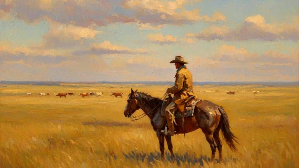 Vast Kansas Prairie Cowboy Scene Impressionistic Oil Paintin...