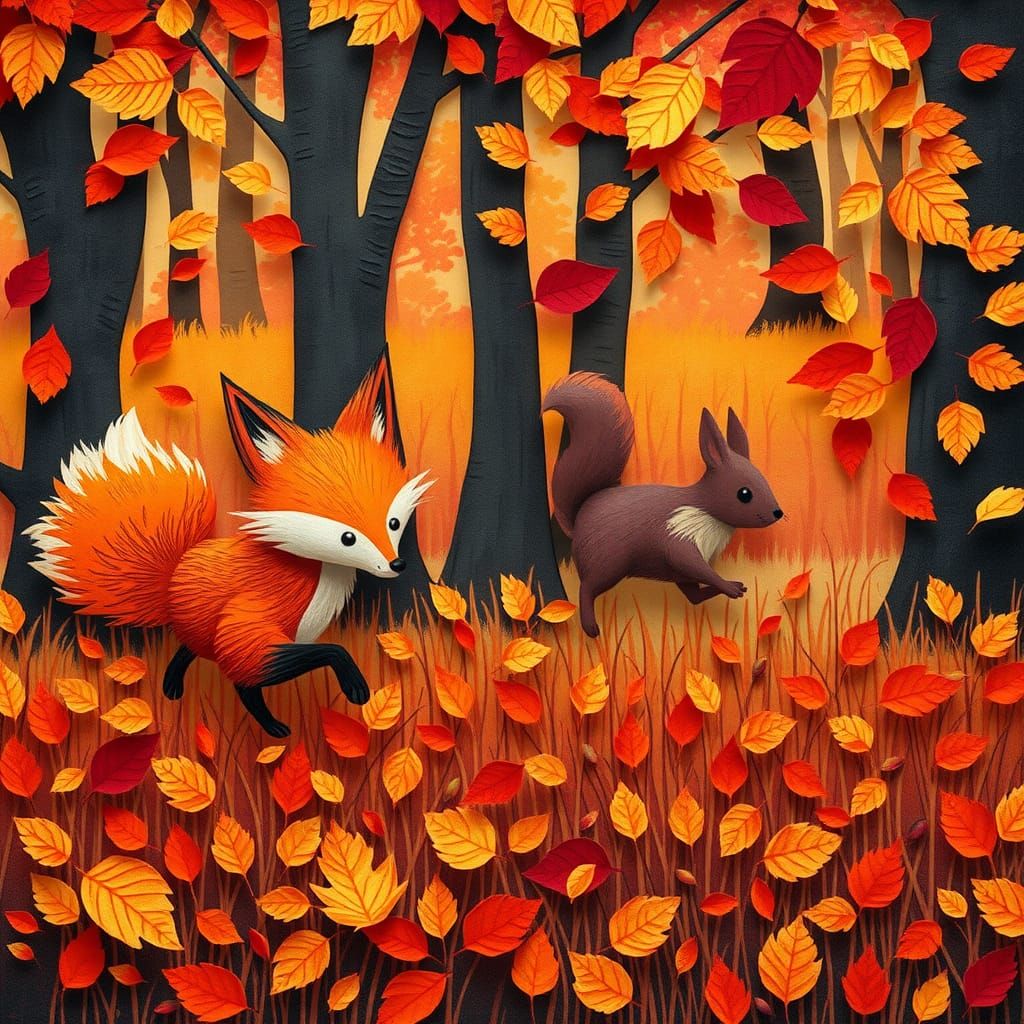 Fox and Squirrel in Autumnal 3D Paper Meadow