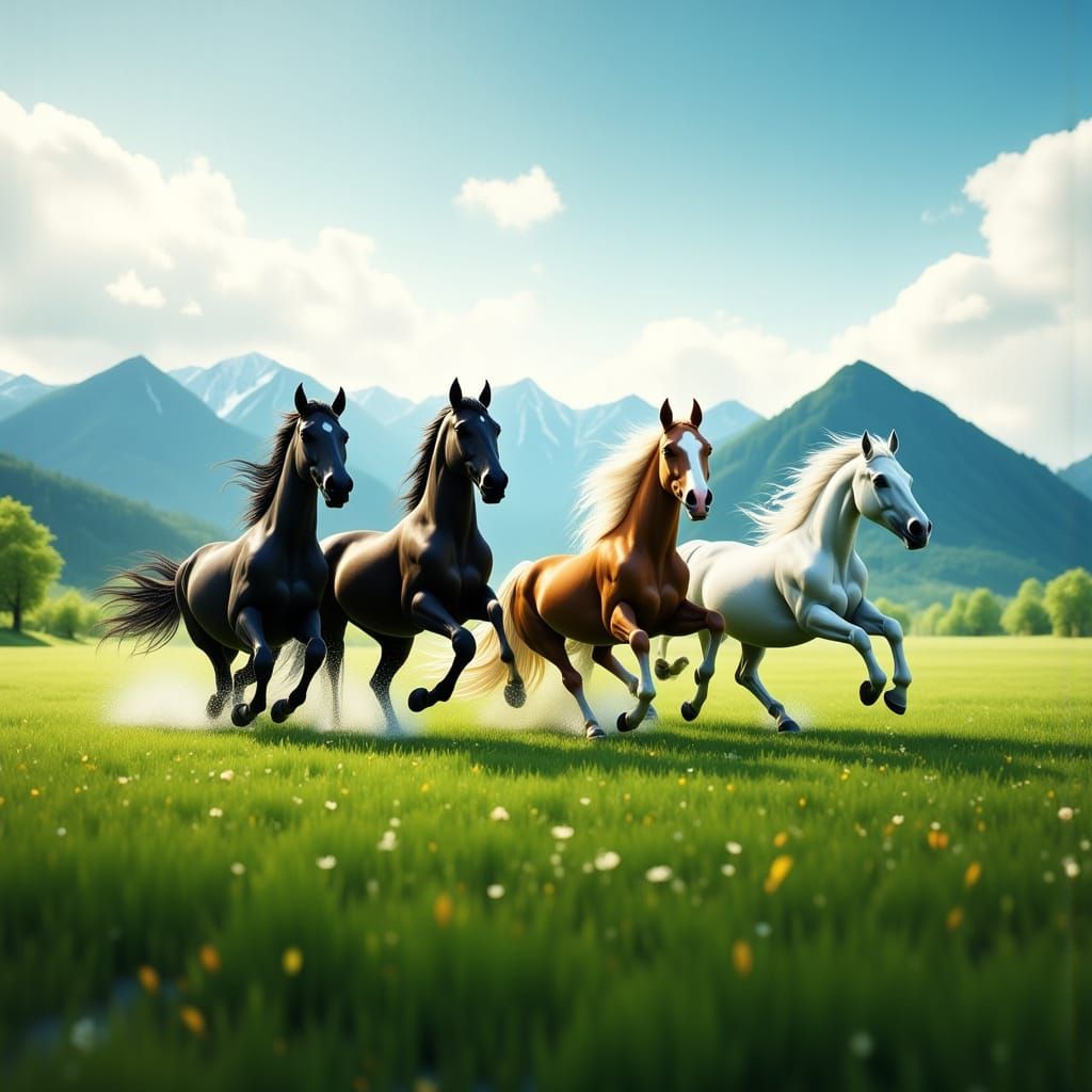 Horses Galloping in a Vibrant Green Field Under Mountains