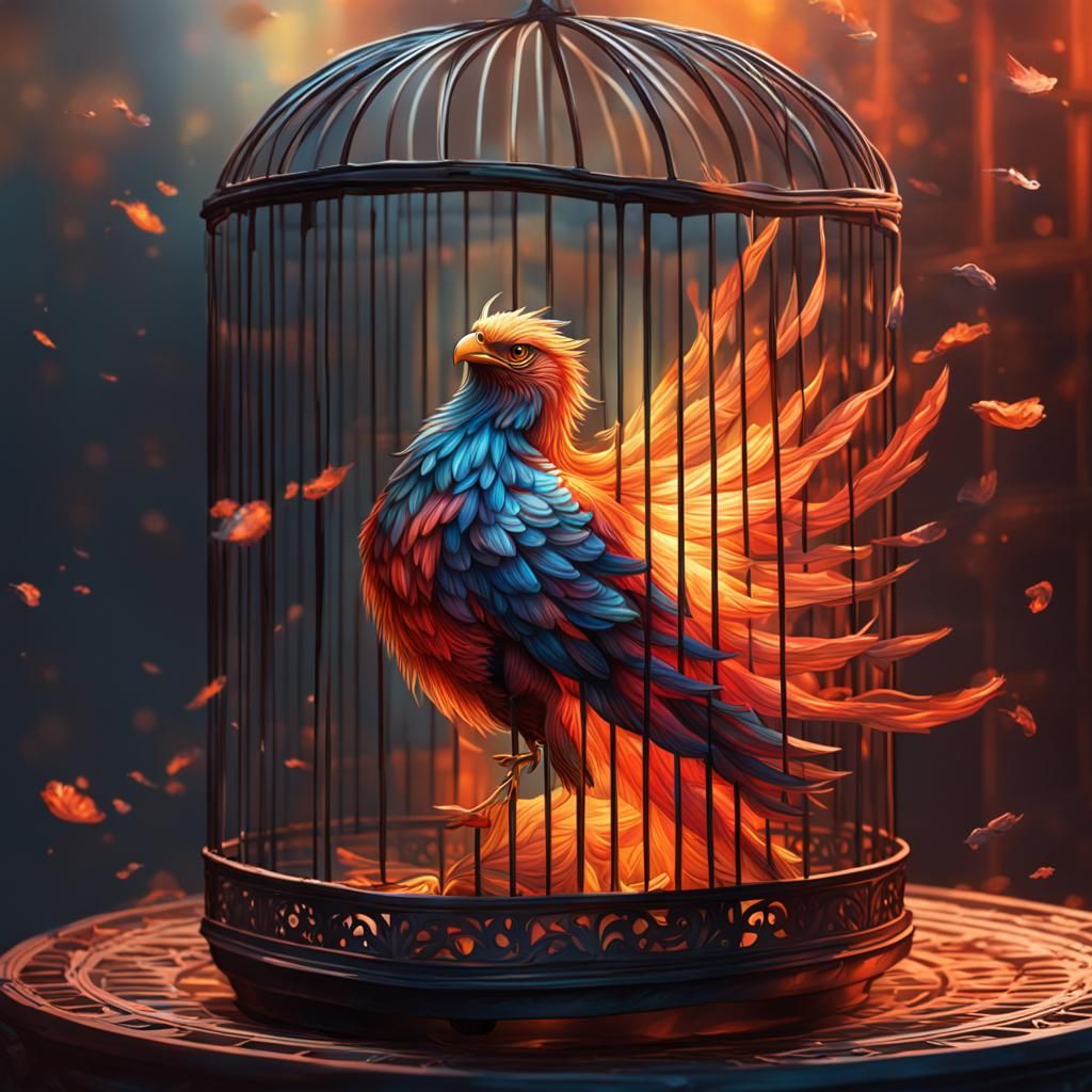 Hyperrealistic Firebird in Ornate Birdcage