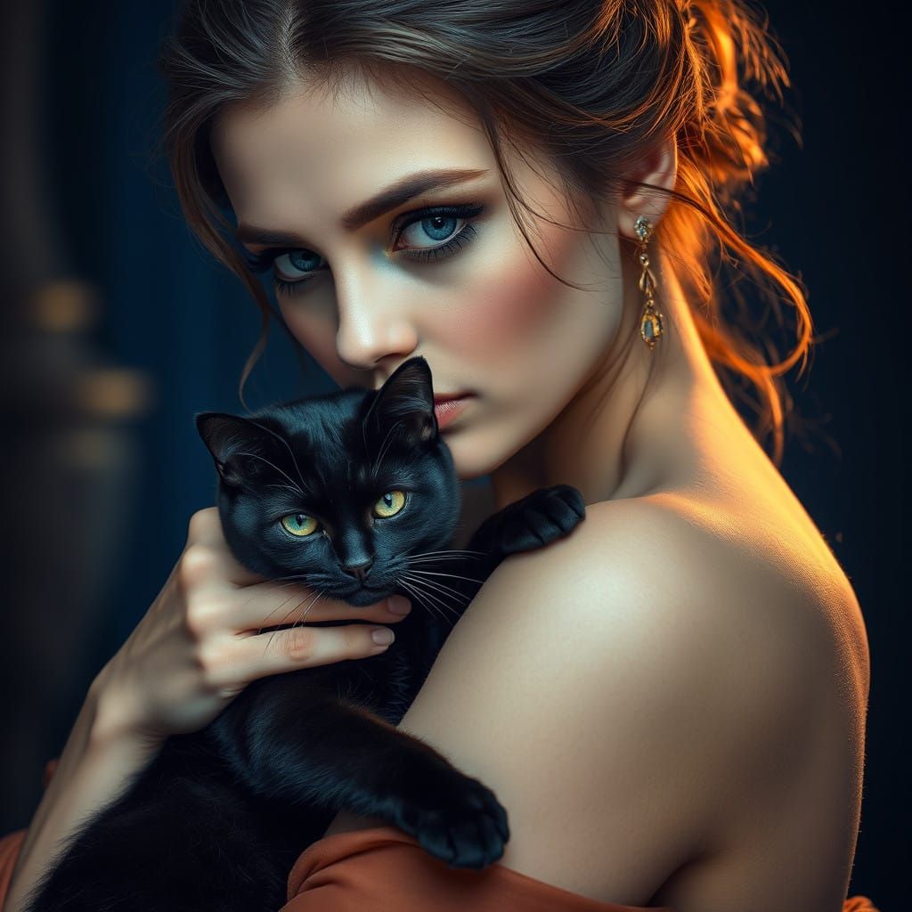 Woman Embracing a Black Cat in Soft, Warm Light
