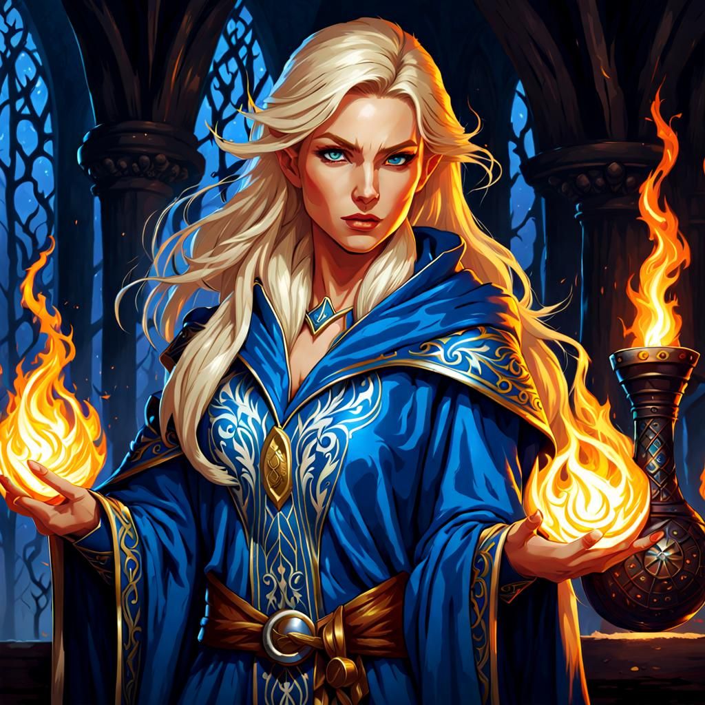 Female Elf Wizard Casting Fireball