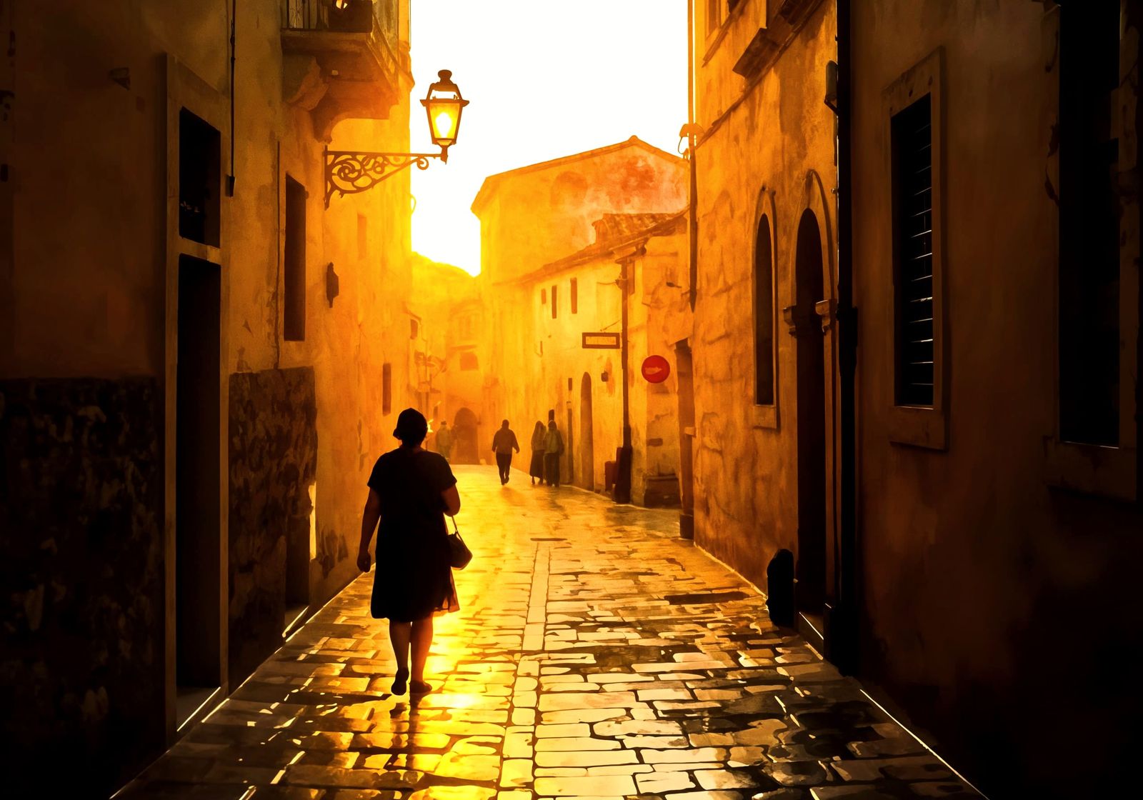Golden Sunset Over Wet Mediterranean Street: Watercolor