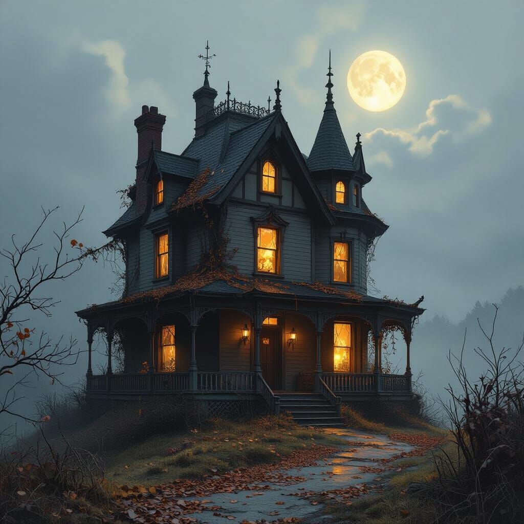 Victorian House on Misty Hill in Earthy Tones