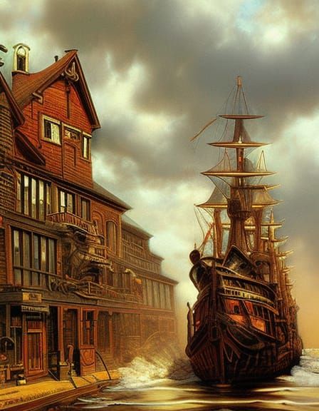 Steampunk Port Town Painting in Gurney Style