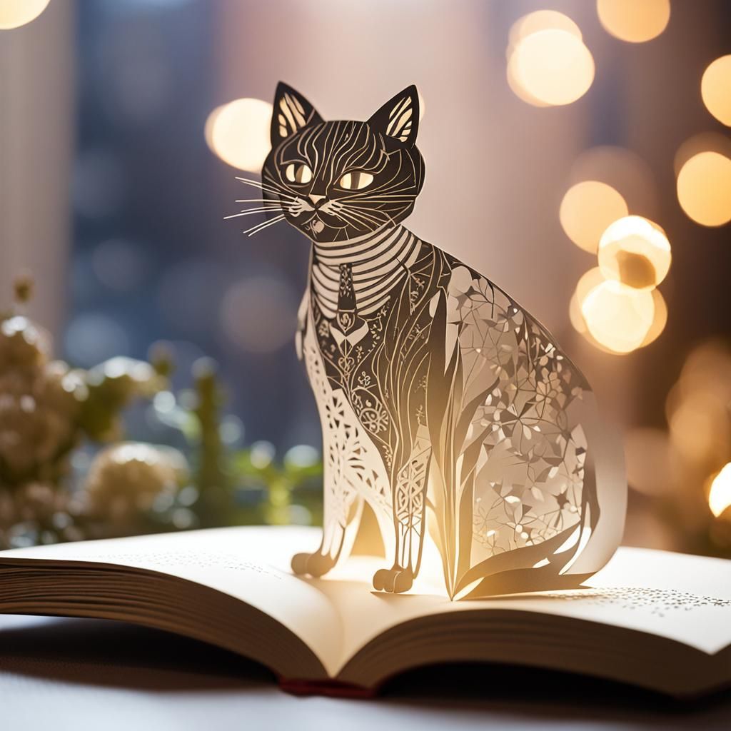 Flapper Cat Papercut in Pop-Up Book Style
