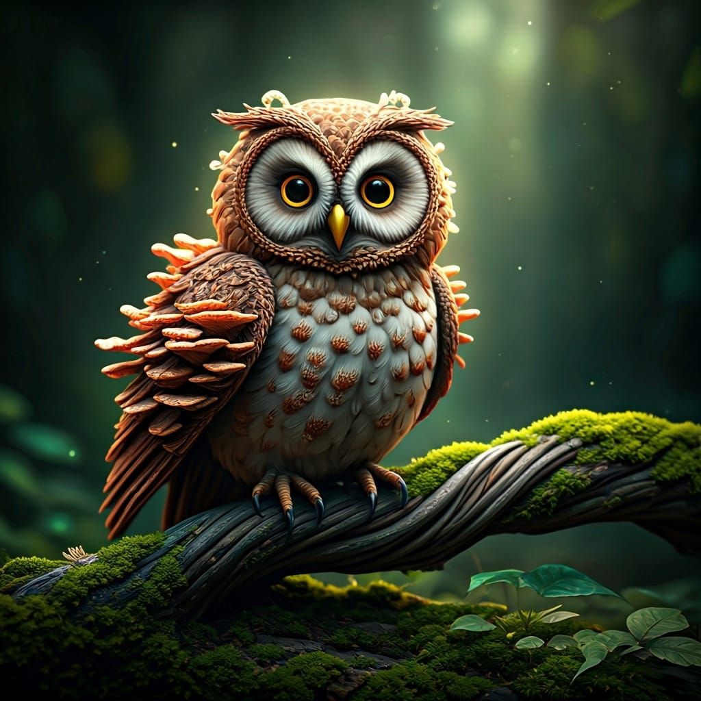Mushroom Owl in Mystical Fantasy Style