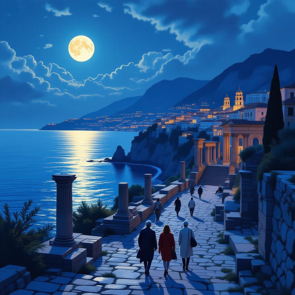 Roman Ruins Overlooking Moonlit Sea: Realistic Art