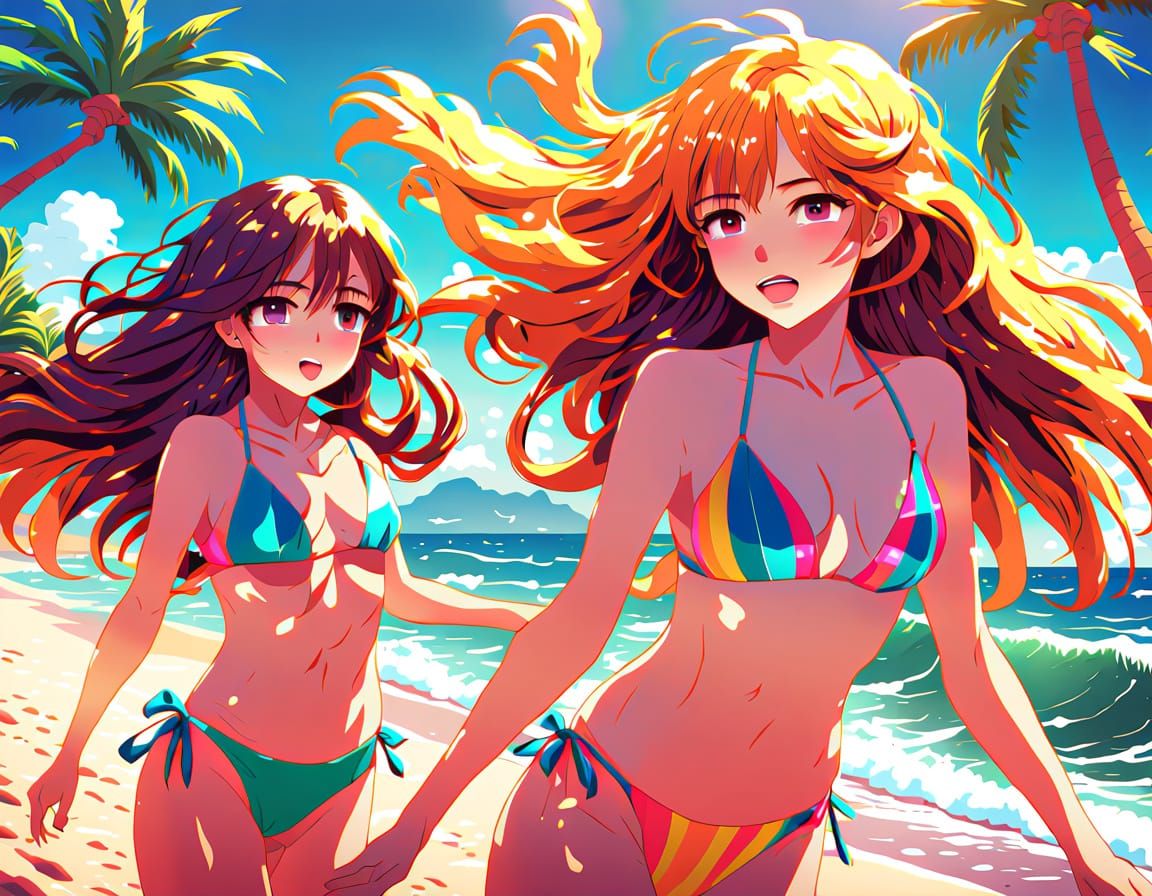 Anime Girls at the Beach in Vibrant Illustration