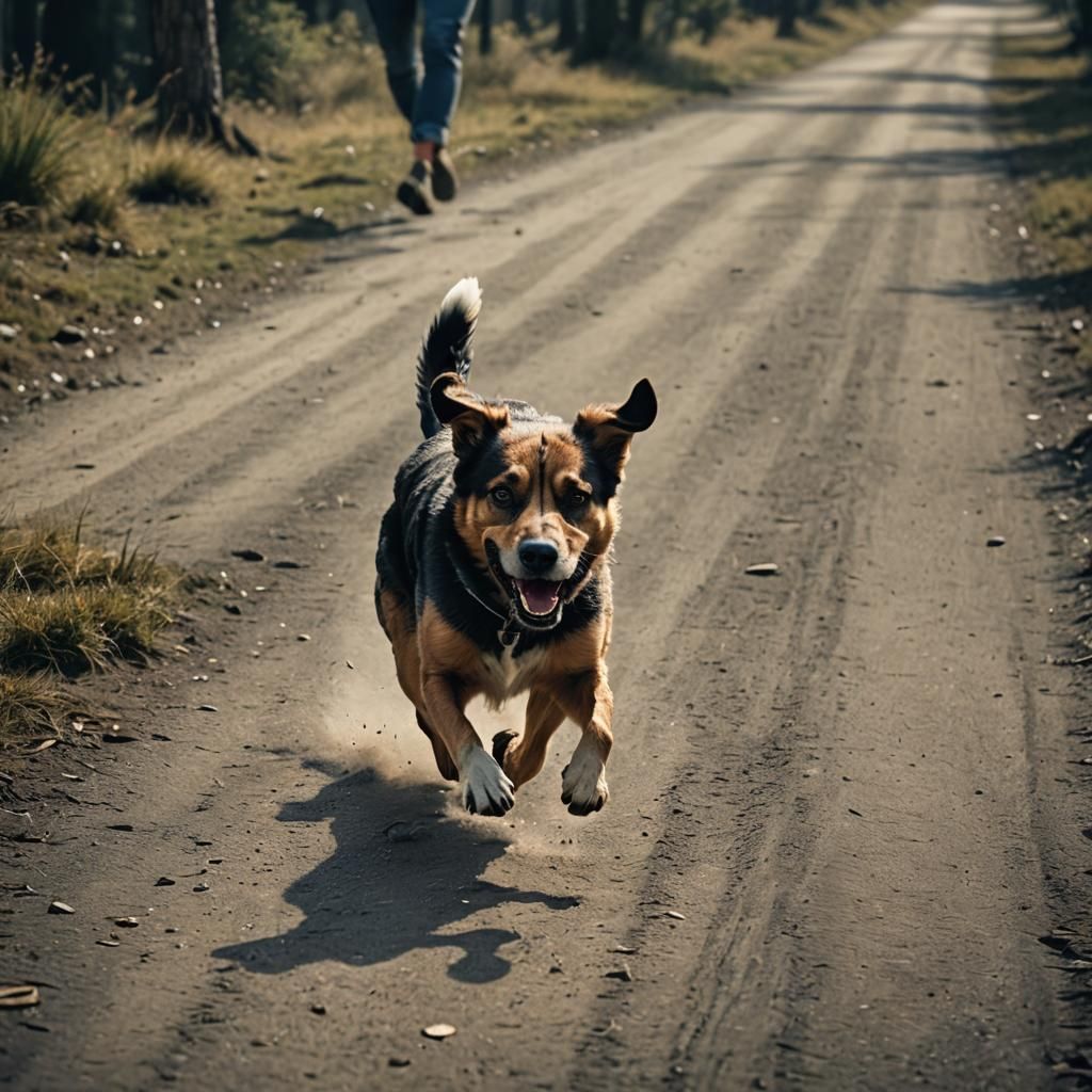 Funny Dog-Person Running: Photorealistic Cinematic Still