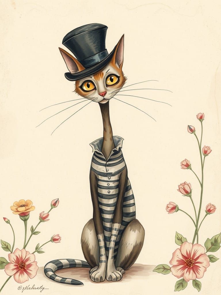 Whimsical Watercolor Cat in Top Hat