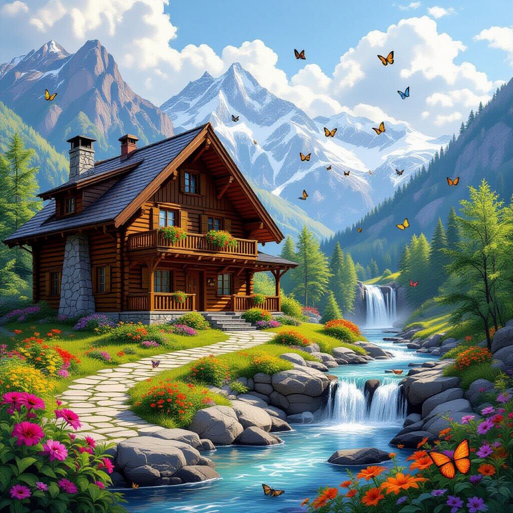 Cozy Log Cabin with Waterfall, Digital Art