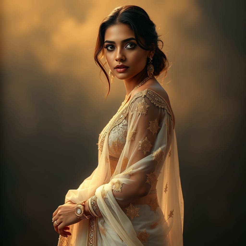 Elegant Indian Beauty in Chiffon Sari, Golden Light