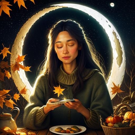 Magical Girl Reaches for Moon in Autumn Scene
