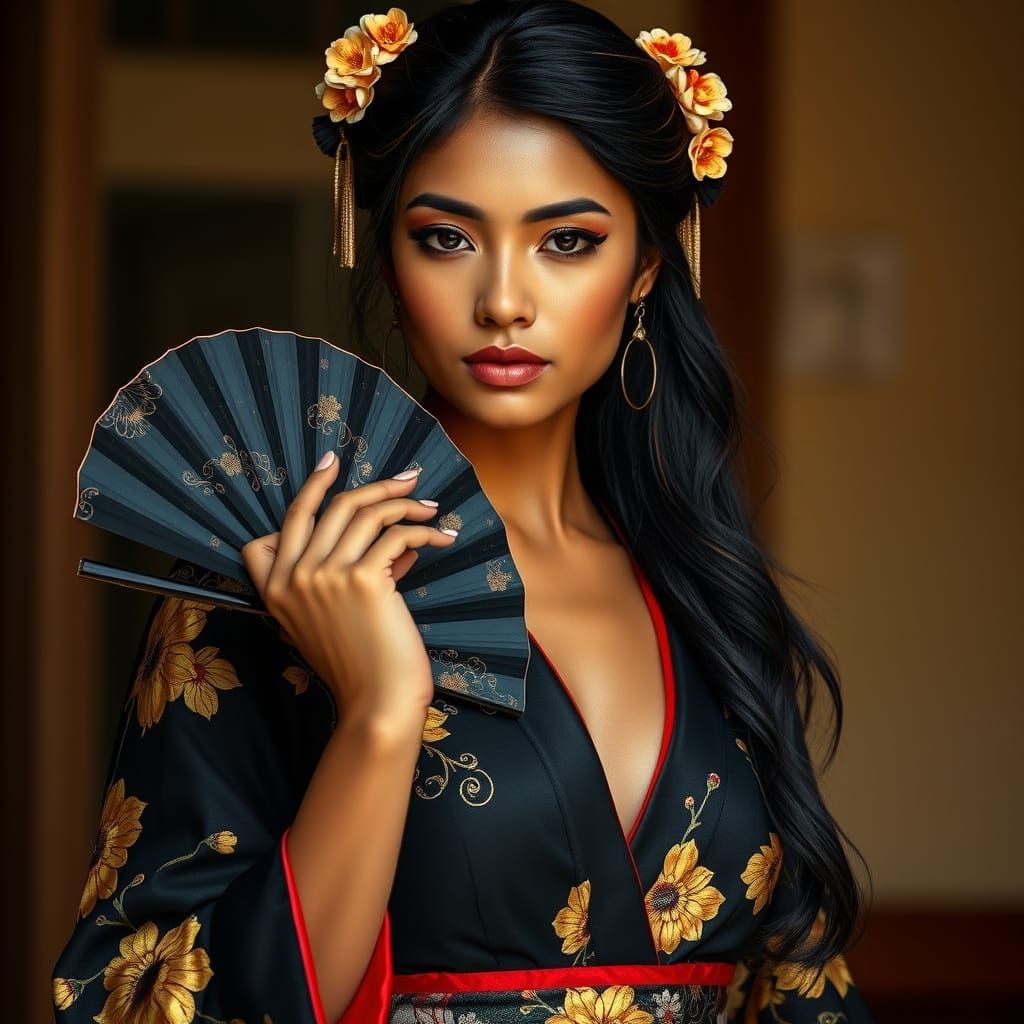 Tamil Woman in Kimono with Gold Floral Accents