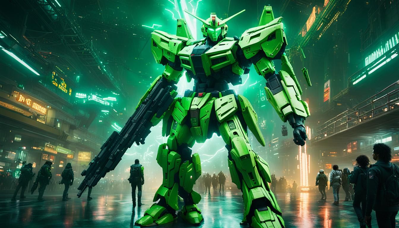 Neon Green Gundam in Dark Fantasy Realm