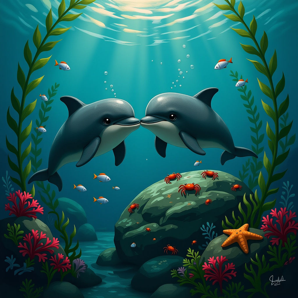 Two Baby Dolphins in Love Under the Sea