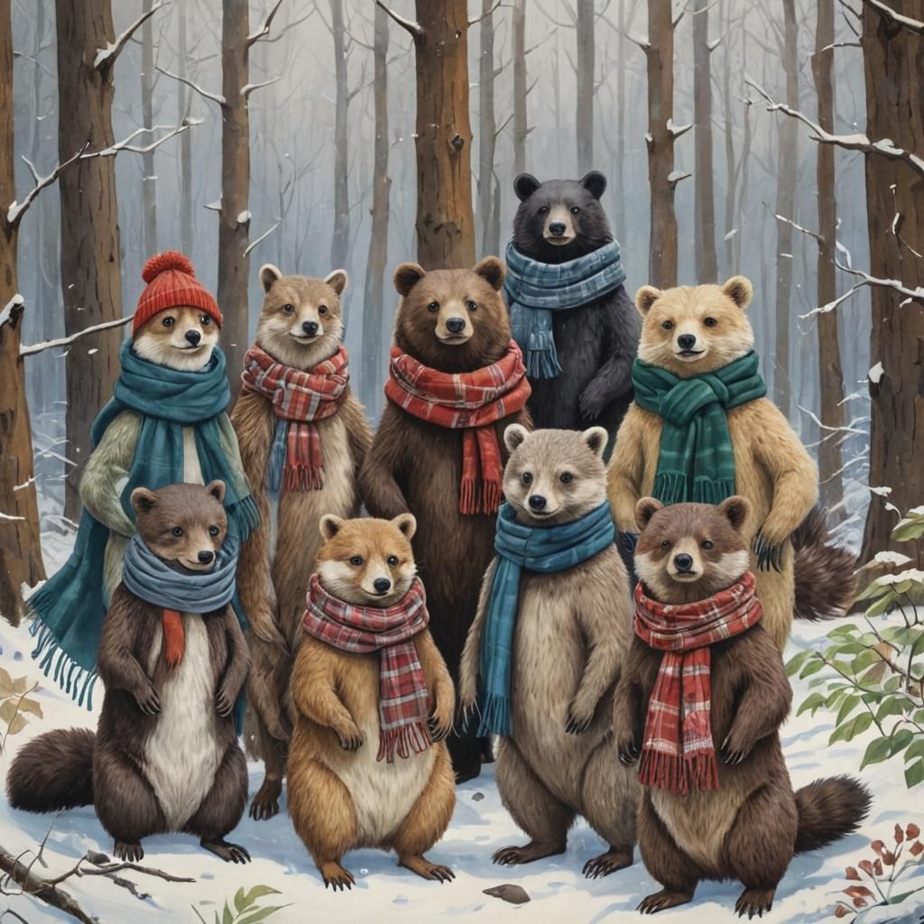 Winter Animals in Forest, Illustrated Style