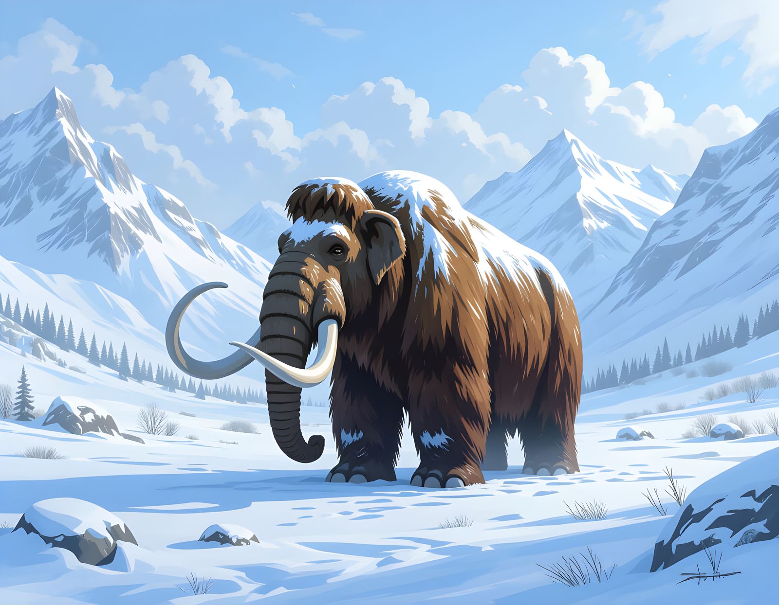 Lone Woolly Mammoth in Snowy Valley