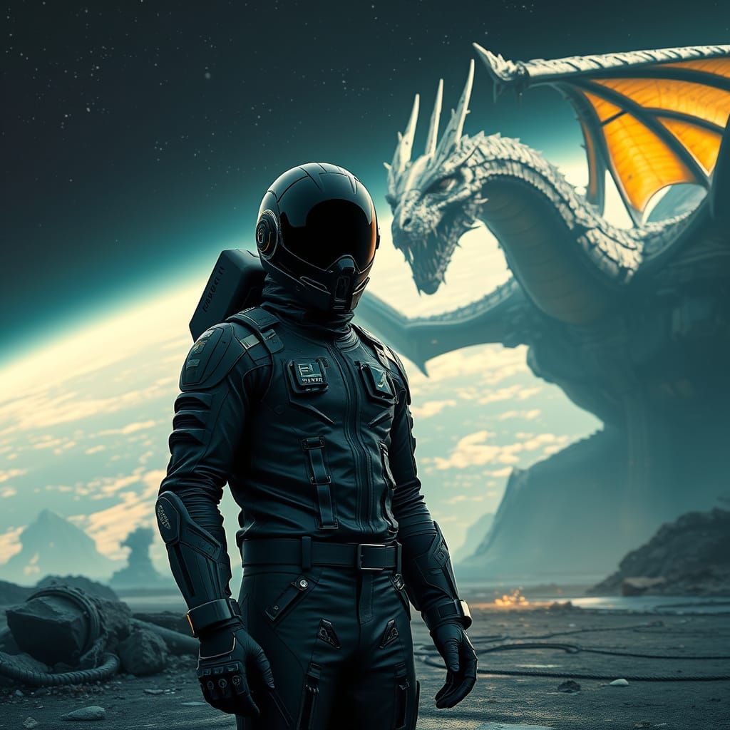 Sleek Spacesuit and Nanotech Dragon in Cyberpunk Style