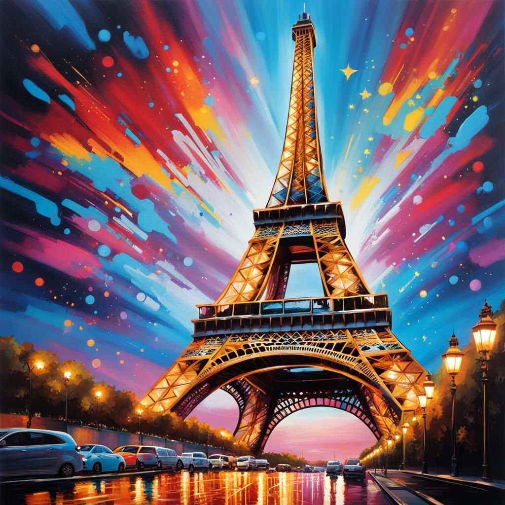 Eiffel Tower Graffiti Street Art at Twilight