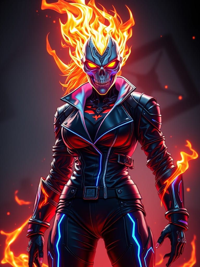 Cyberpunk Female Ghost Rider Rides Tall in Fiery Blaze